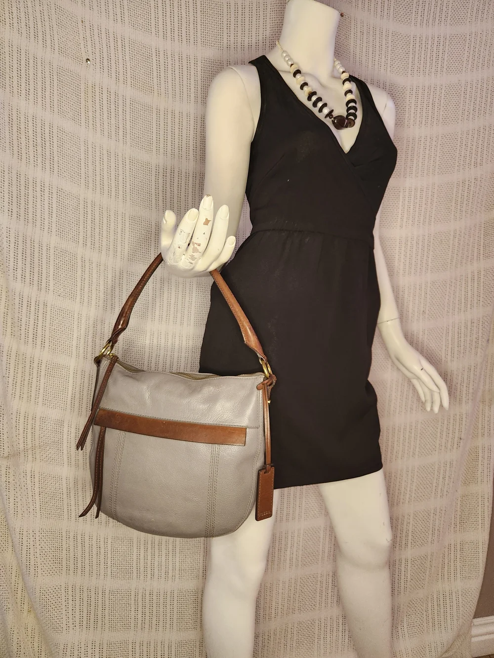 FOSSIL PEBBLED LEATHER GRAY BROWN HAND SHOULDER BAG PURSE EUC